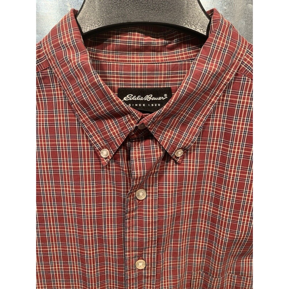 XL TALL Western Eddie Bauer 100% Cotton Red Plaid Button Down Shirt 17 1/2-34